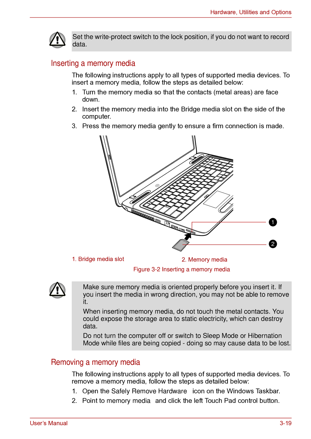 Toshiba toshiba satellite user manual Inserting a memory media, Removing a memory media 