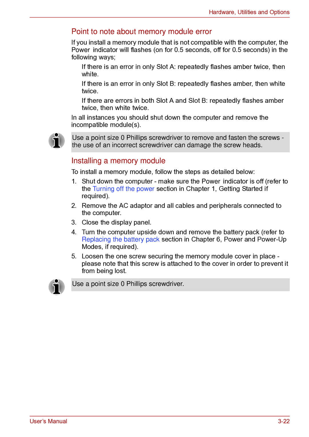 Toshiba toshiba satellite user manual Point to note about memory module error, Installing a memory module 