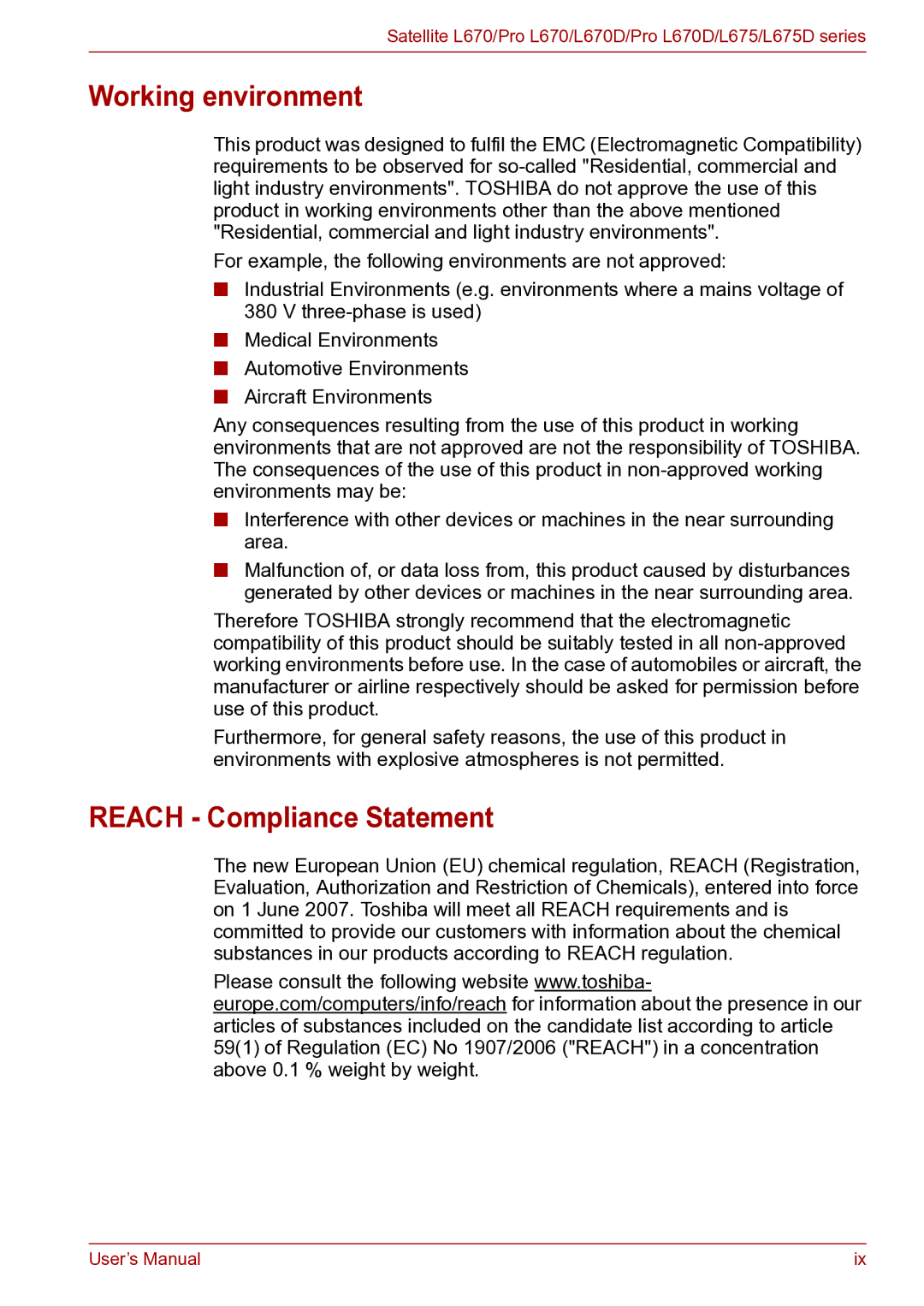 Toshiba toshiba satellite user manual Working environment, Reach Compliance Statement 