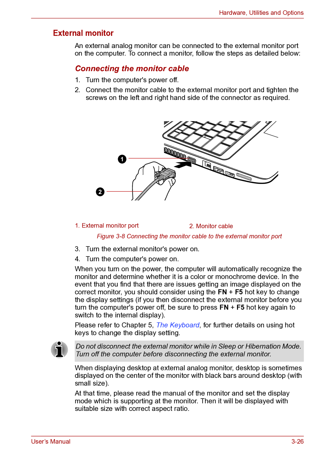 Toshiba toshiba satellite user manual External monitor, Connecting the monitor cable 