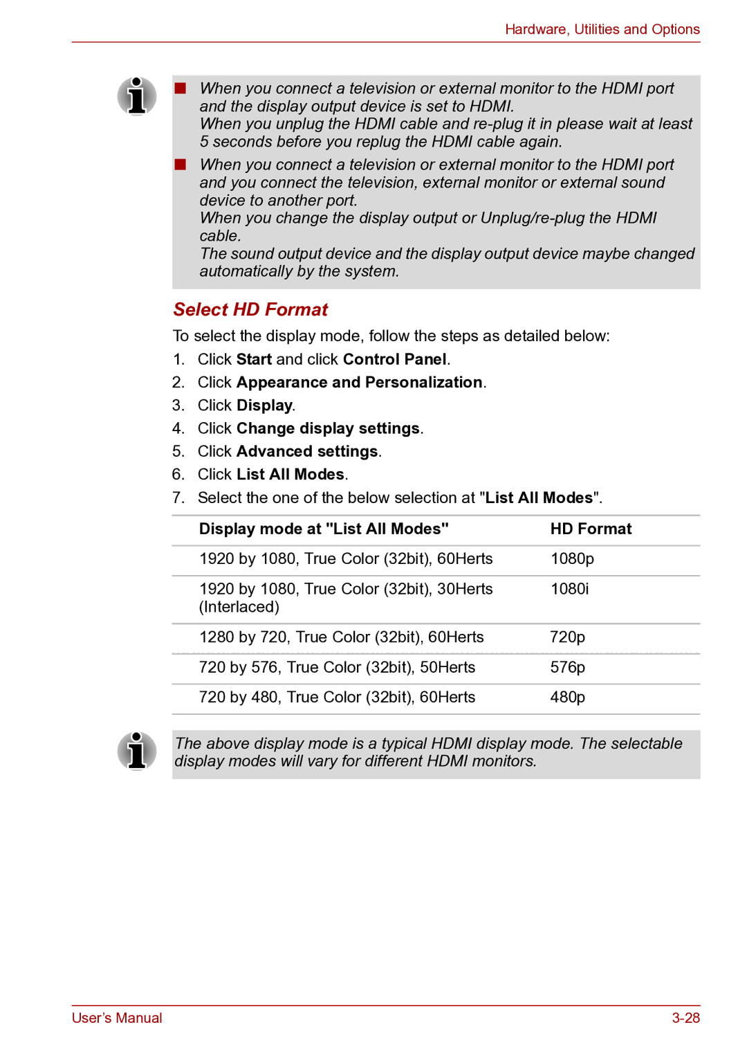 Toshiba toshiba satellite user manual Select HD Format, Display mode at List All Modes HD Format 