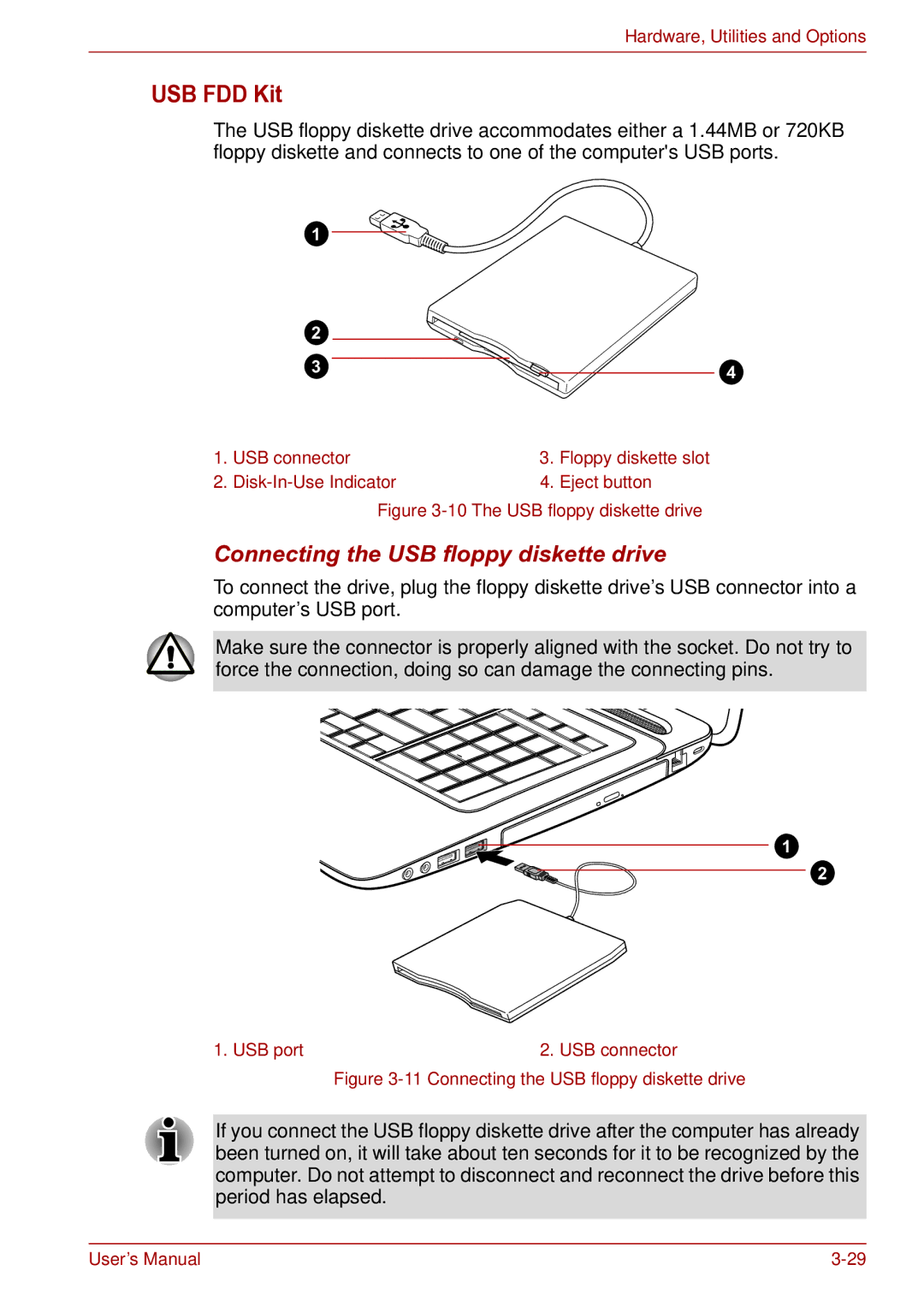 Toshiba toshiba satellite user manual USB FDD Kit, Connecting the USB floppy diskette drive 