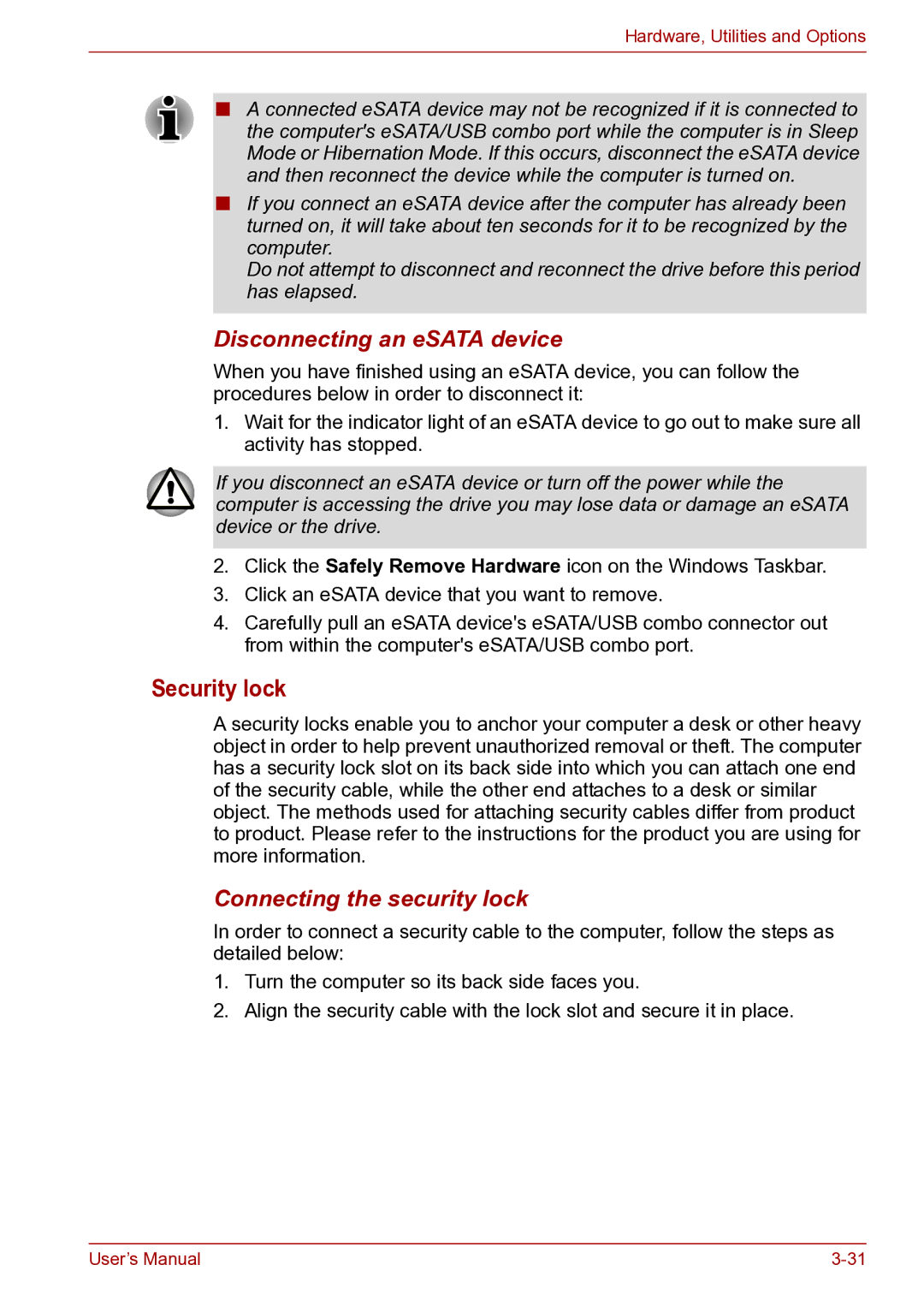 Toshiba toshiba satellite user manual Security lock, Disconnecting an eSATA device, Connecting the security lock 