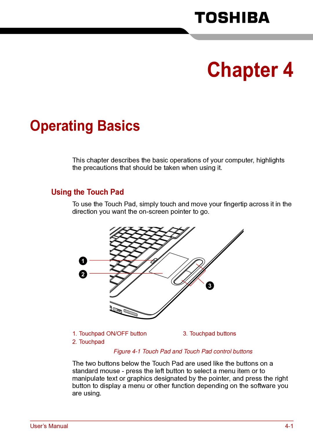 Toshiba toshiba satellite user manual Operating Basics, Using the Touch Pad 