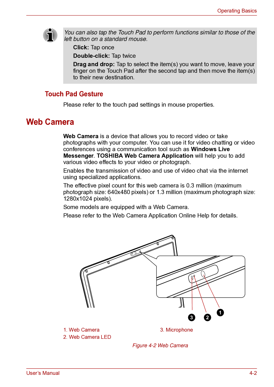 Toshiba toshiba satellite user manual Web Camera, Touch Pad Gesture, Double-click Tap twice 