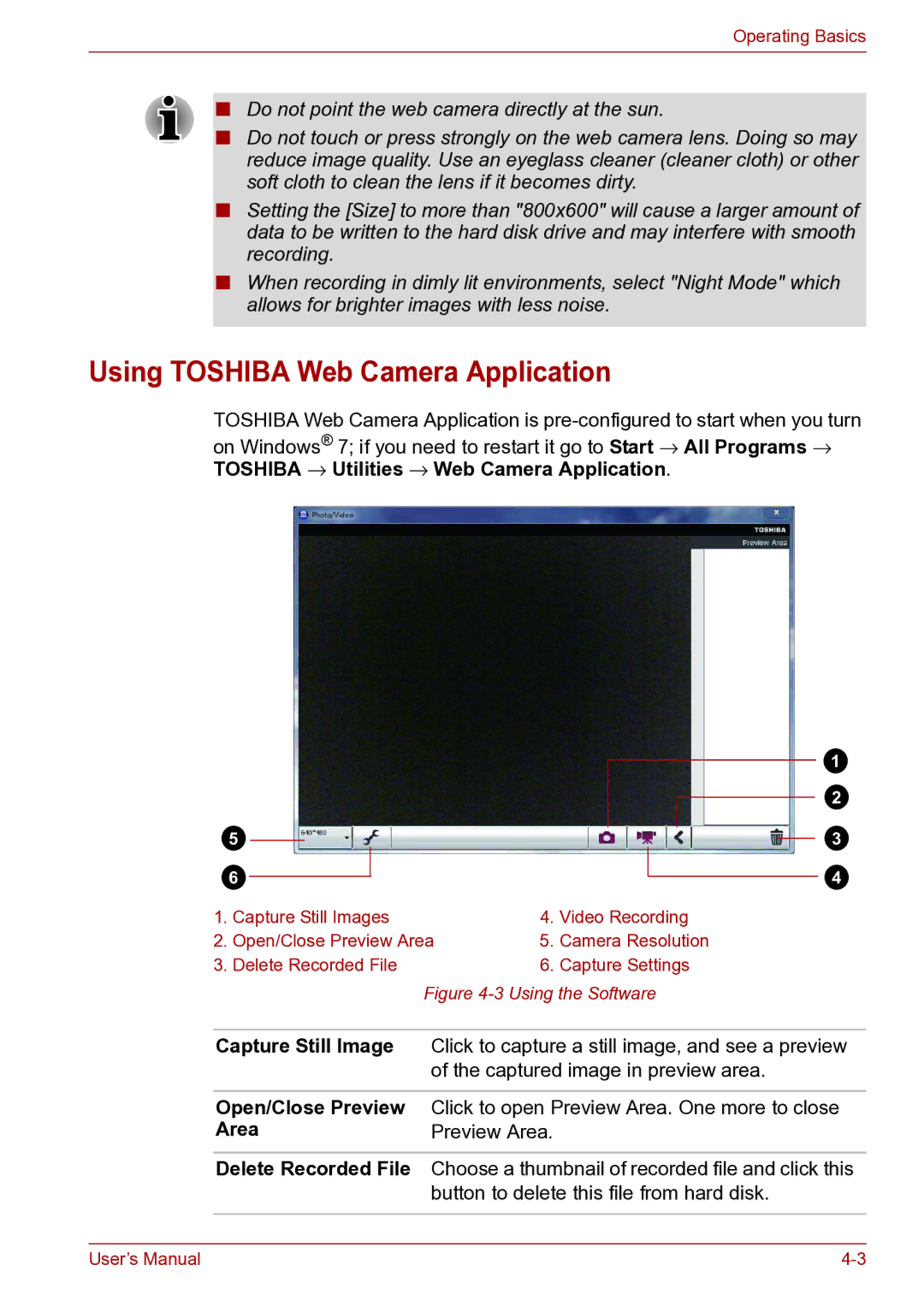 Toshiba toshiba satellite user manual Using Toshiba Web Camera Application, Capture Still Image, Open/Close Preview, Area 