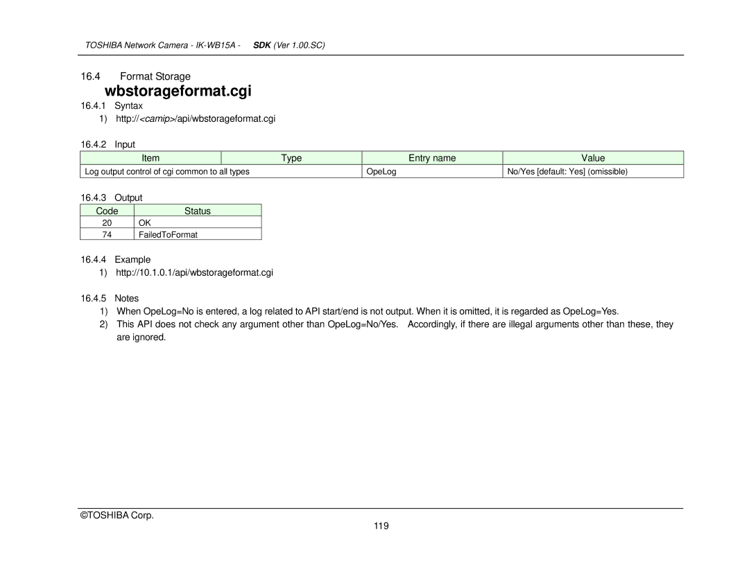 Toshiba Toshiba manual Wbstorageformat.cgi, Output Code Status, Example Http//10.1.0.1/api/wbstorageformat.cgi Value 