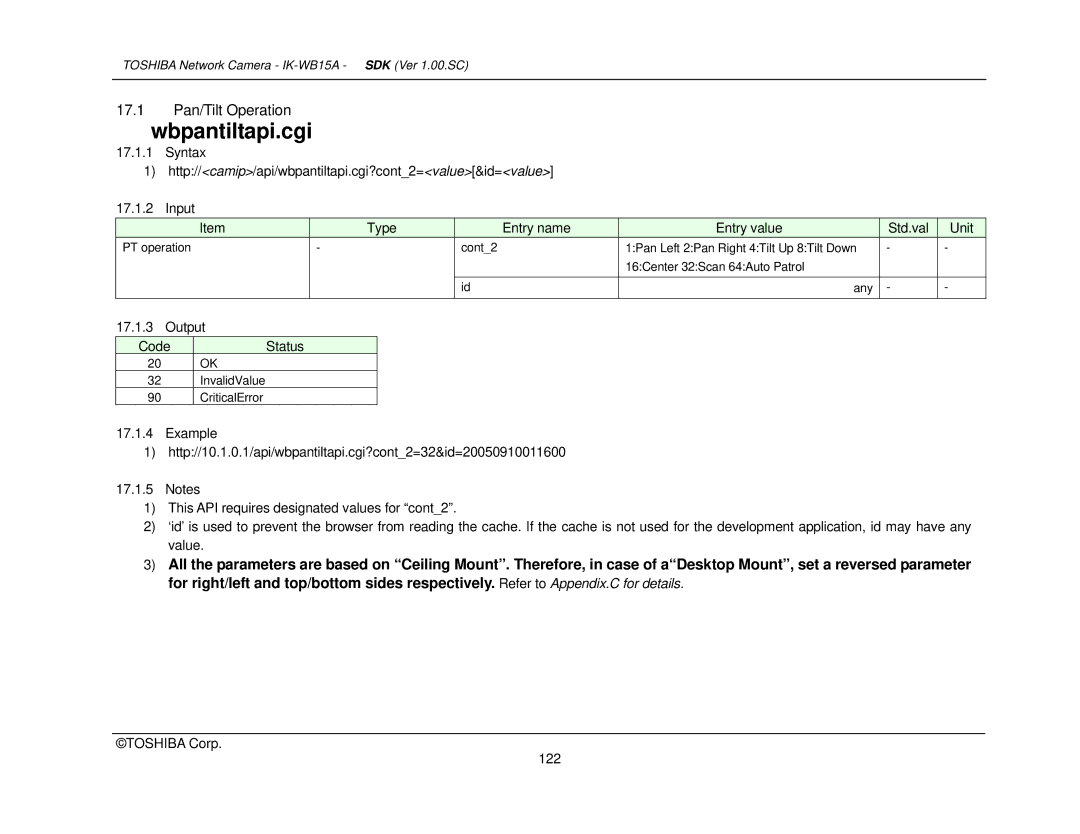 Toshiba manual Wbpantiltapi.cgi, Output Code, Toshiba Corp 122 