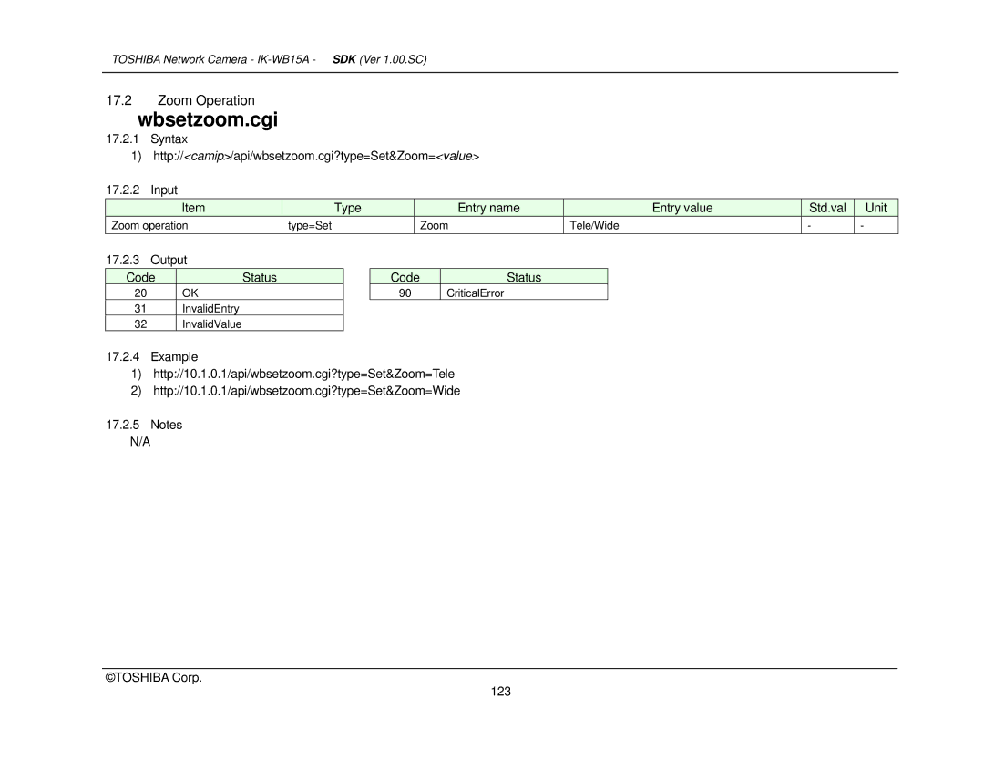 Toshiba Toshiba manual Wbsetzoom.cgi, Output Code Status 