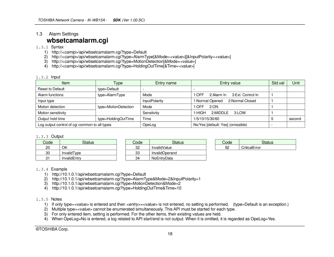 Toshiba Toshiba manual Wbsetcamalarm.cgi, 1HIGH 2MIDDLE 3LOW 