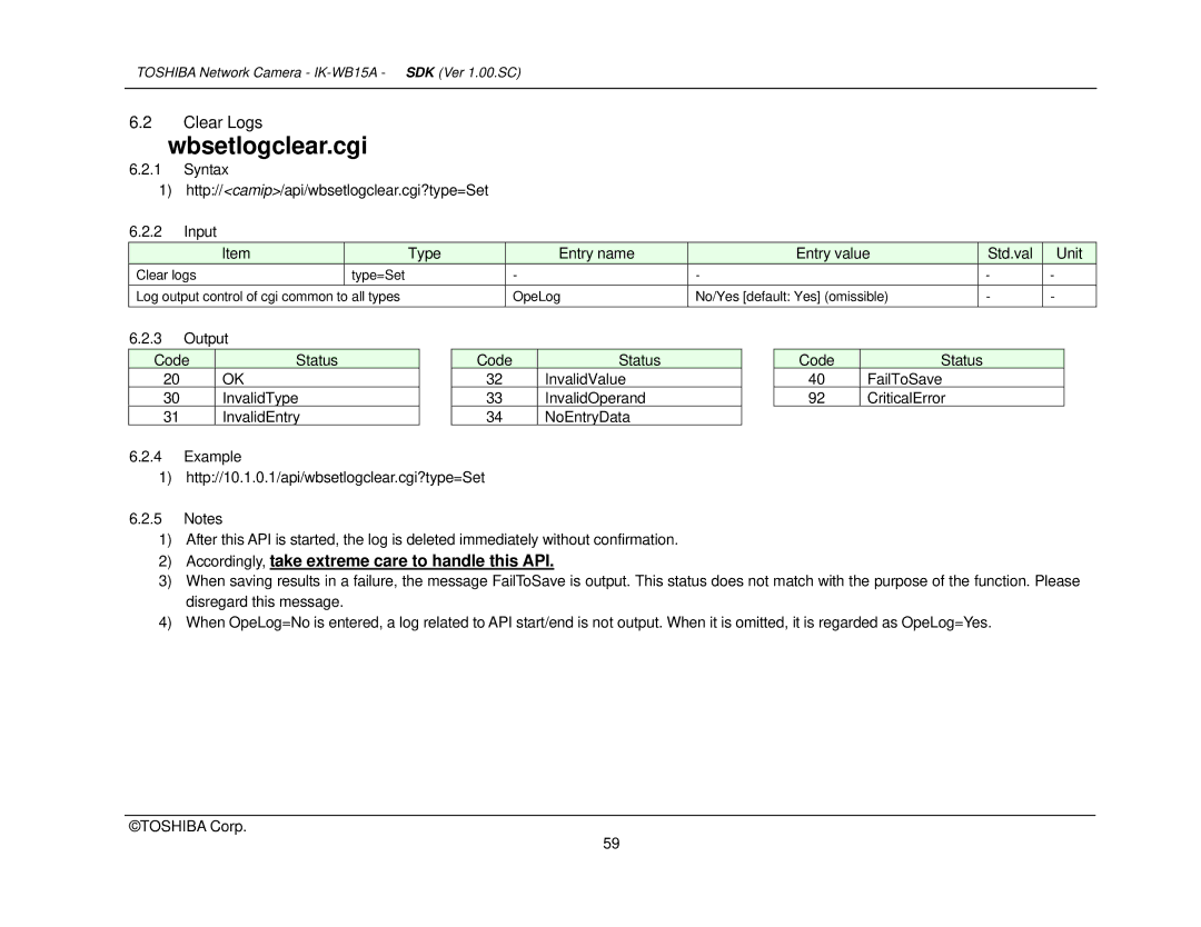 Toshiba Toshiba manual Wbsetlogclear.cgi, Accordingly, take extreme care to handle this API 