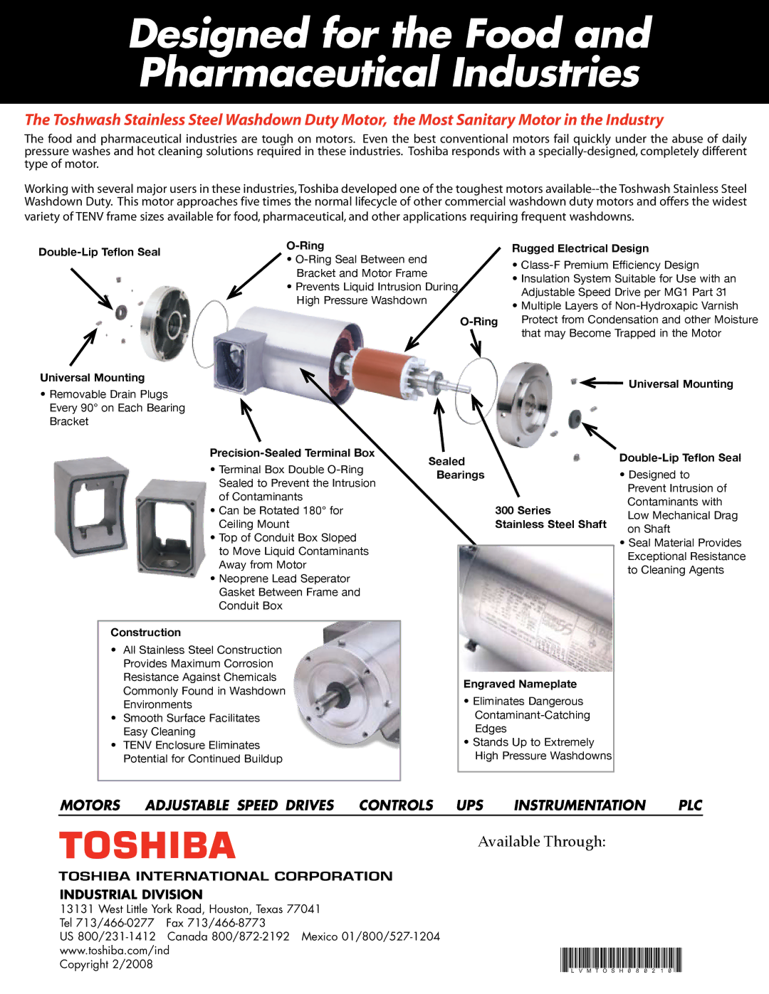 Toshiba Toshwash SS warranty Double-Lip Teflon Seal Ring, Ring Rugged Electrical Design, Universal Mounting, Construction 