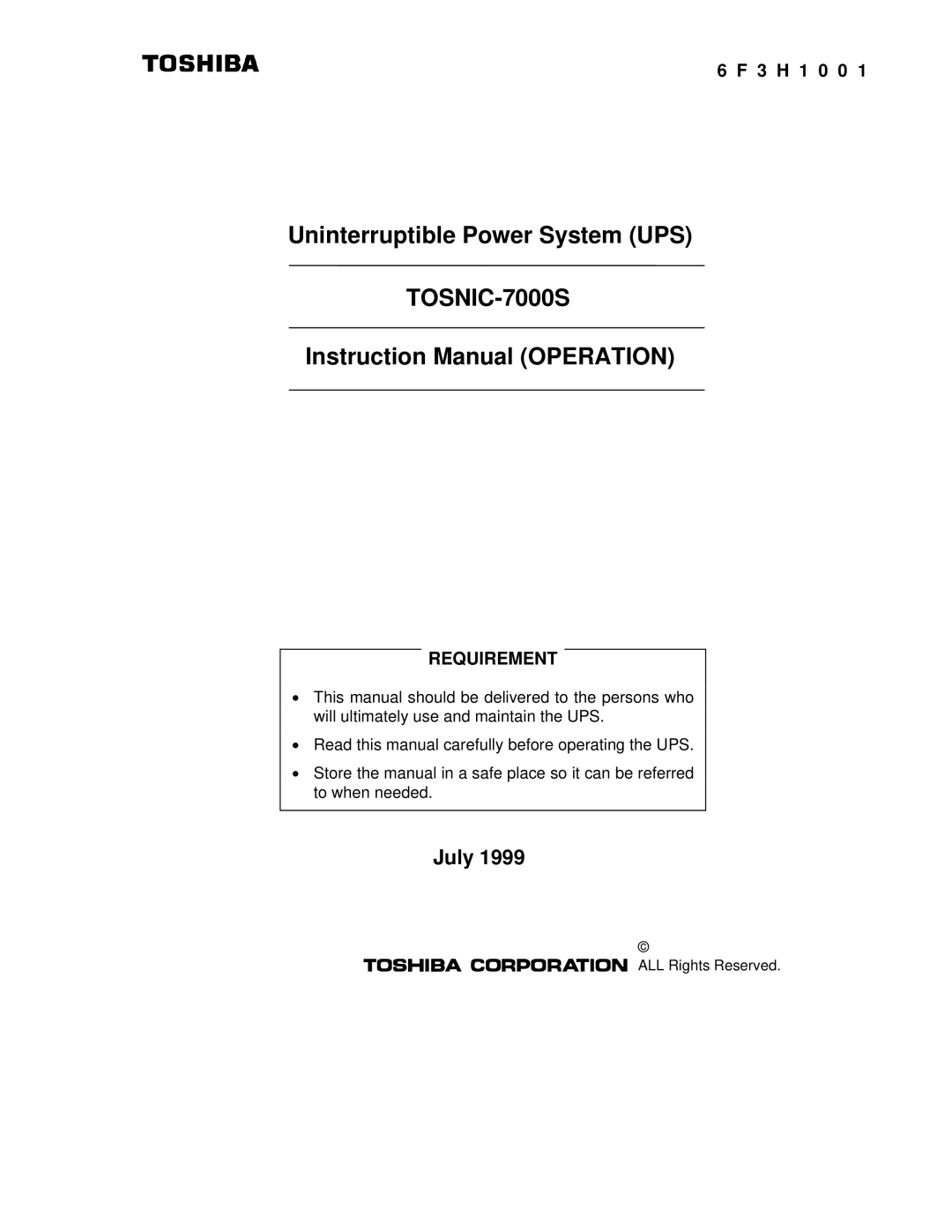 Toshiba TOSNIC-7000S instruction manual July, 3 H 1 0 0, ALL Rights Reserved 