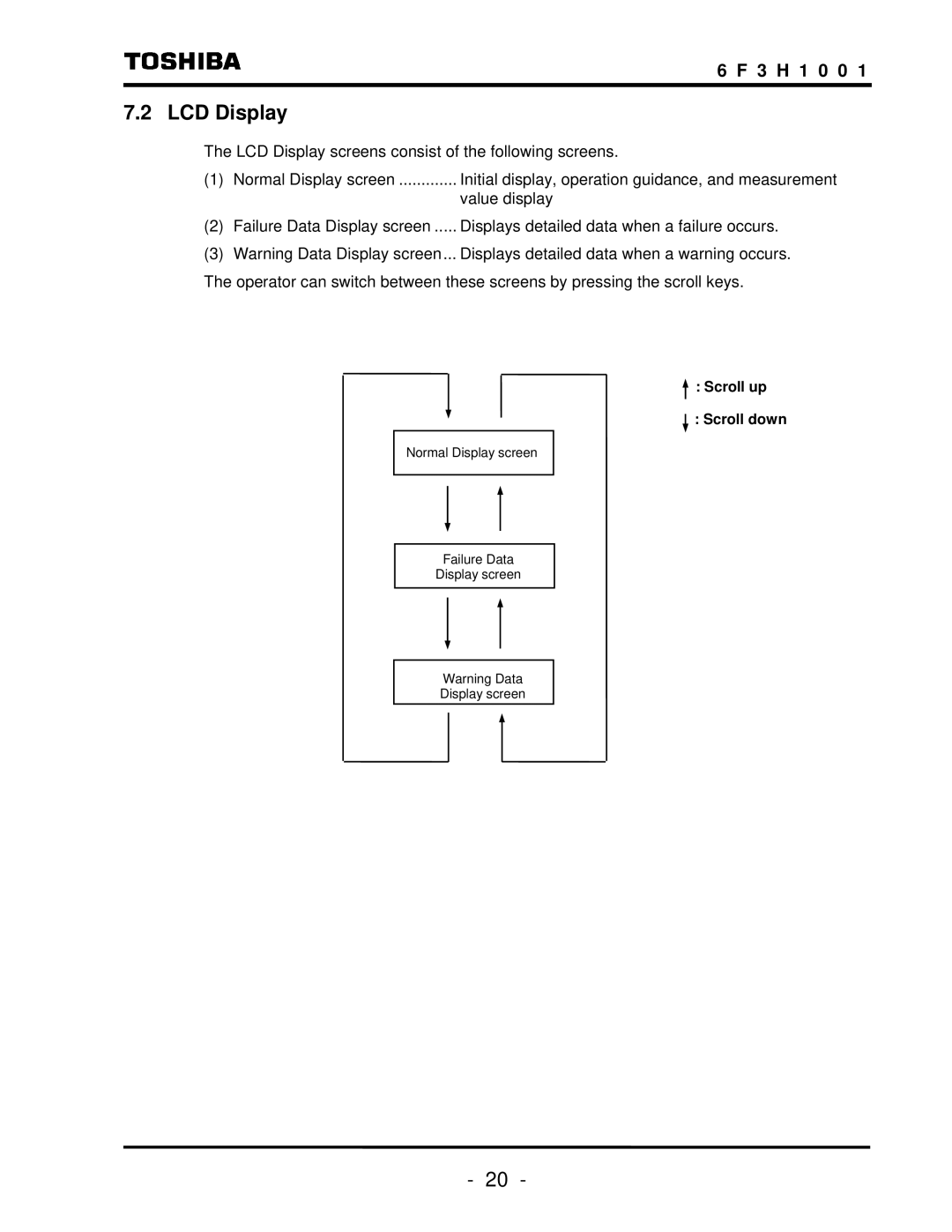 Toshiba TOSNIC-7000S instruction manual LCD Display, Scroll up Scroll down 