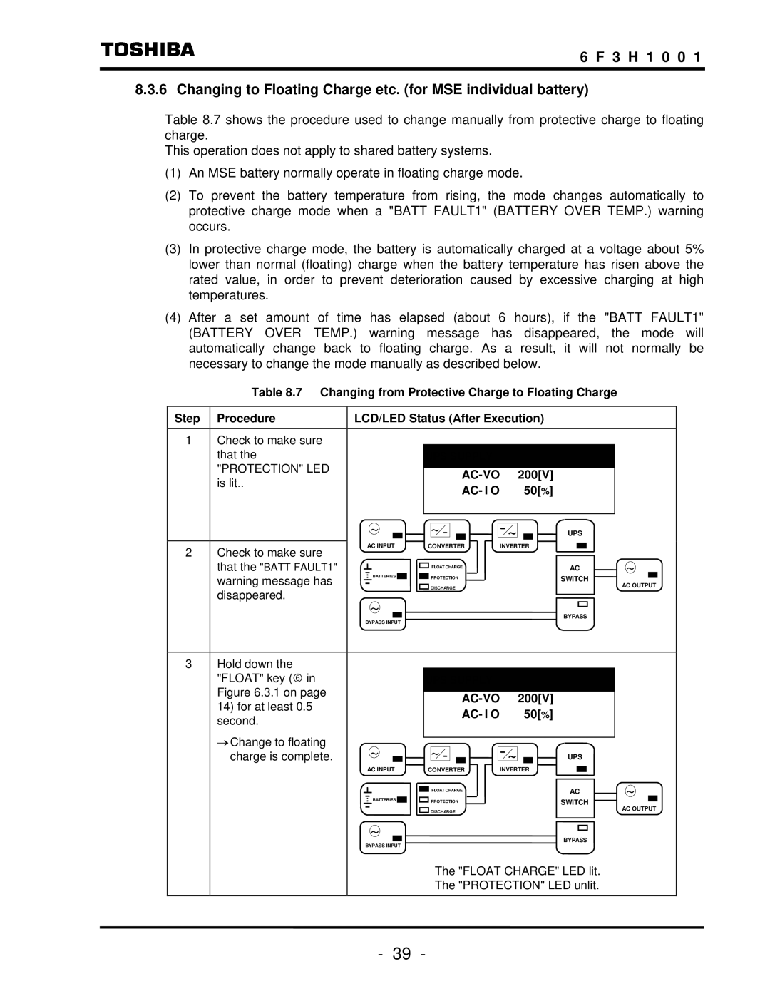 Toshiba TOSNIC-7000S instruction manual Changing from Protective Charge to Floating Charge 