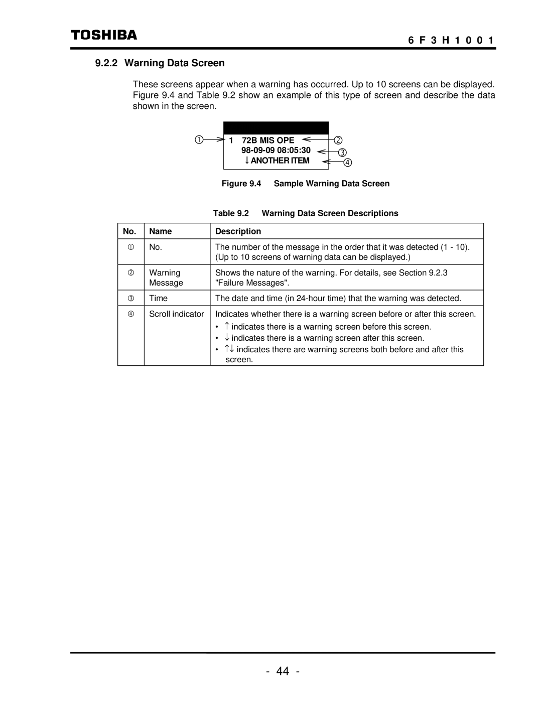 Toshiba TOSNIC-7000S instruction manual Up to 10 screens of warning data can be displayed 