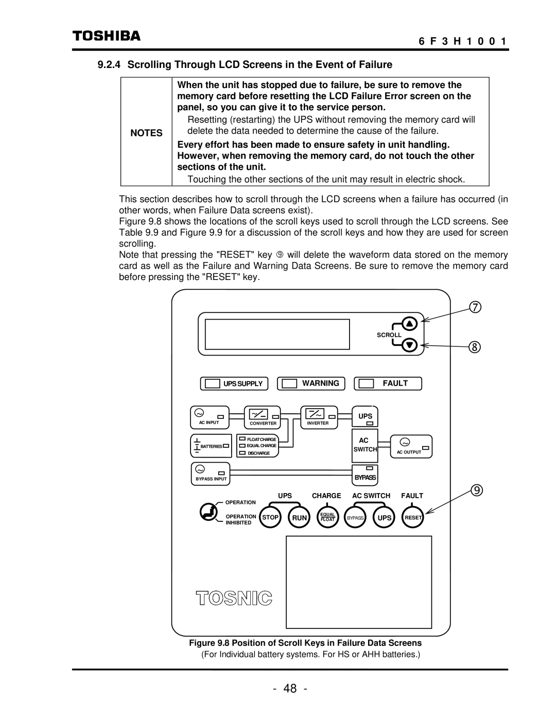 Toshiba TOSNIC-7000S instruction manual Position of Scroll Keys in Failure Data Screens 