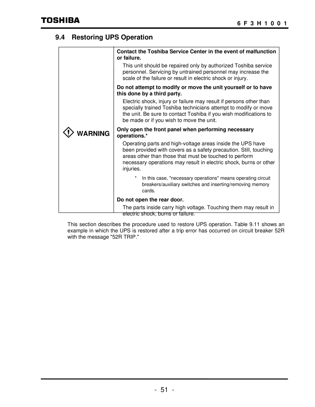 Toshiba TOSNIC-7000S instruction manual Restoring UPS Operation, Only open the front panel when performing necessary 