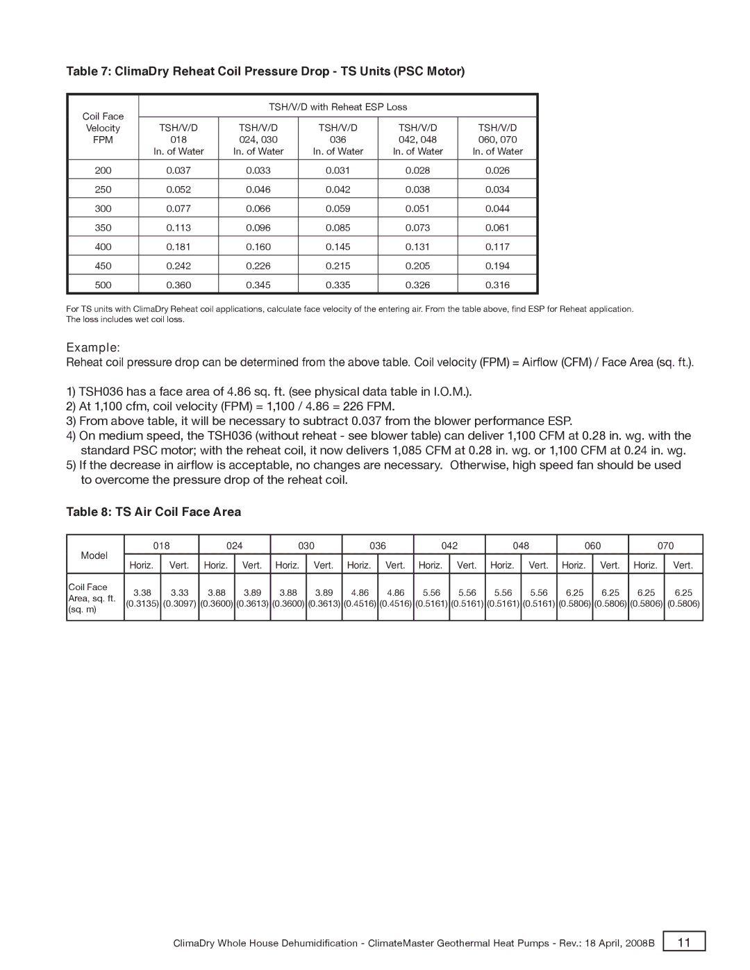 Toshiba TRANQUILITY 20 manual ClimaDry Reheat Coil Pressure Drop TS Units PSC Motor, Example, TS Air Coil Face Area 