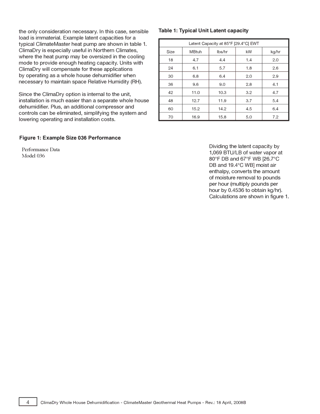 Toshiba TRANQUILITY 27, TRANQUILITY 20 manual Example Size 036 Performance, Typical Unit Latent capacity 