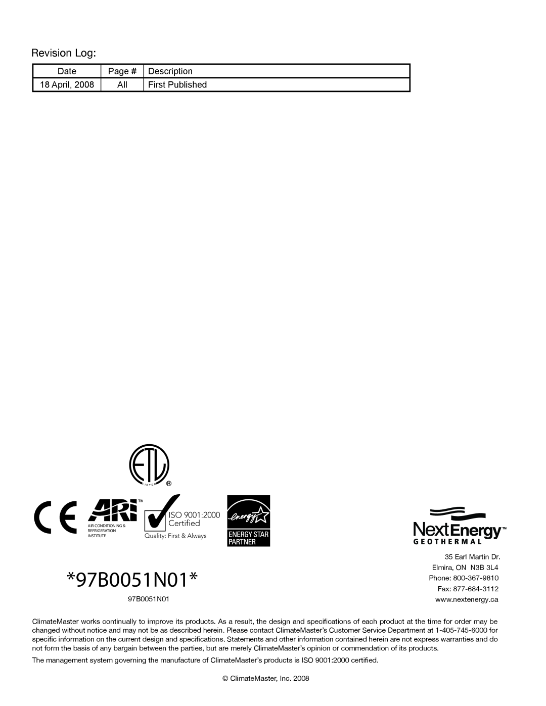 Toshiba TRANQUILITY 27, TRANQUILITY 20 manual 97B0051N01, Revision Log 