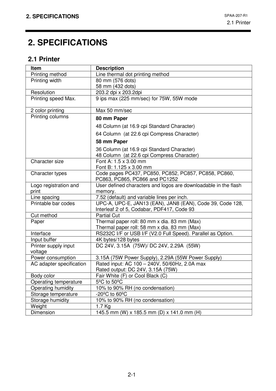 Toshiba TRST-A10 owner manual Specifications, Printer, Description, Mm Paper 