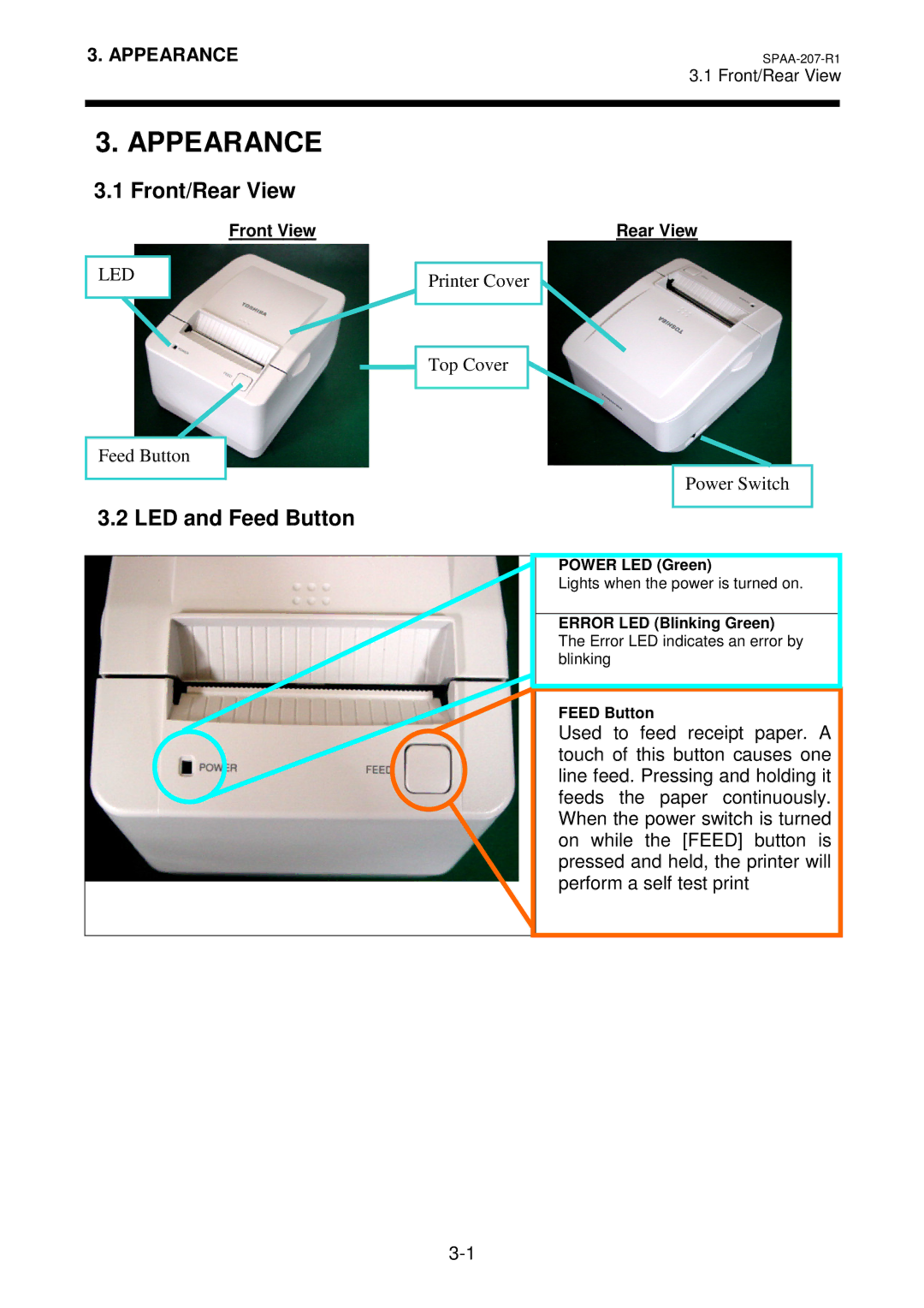 Toshiba TRST-A10 owner manual Appearance, Front/Rear View, LED and Feed Button, Front View 