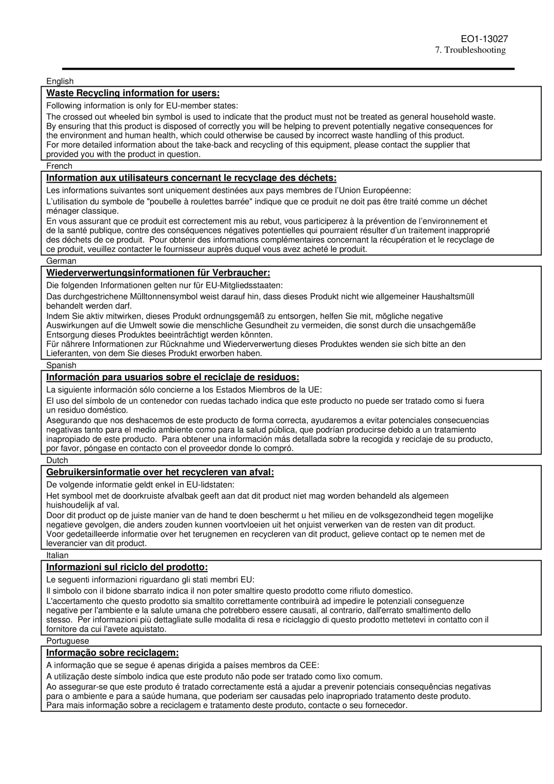 Toshiba TRSTA00UCQMR, TRST-A00 owner manual Waste Recycling information for users 