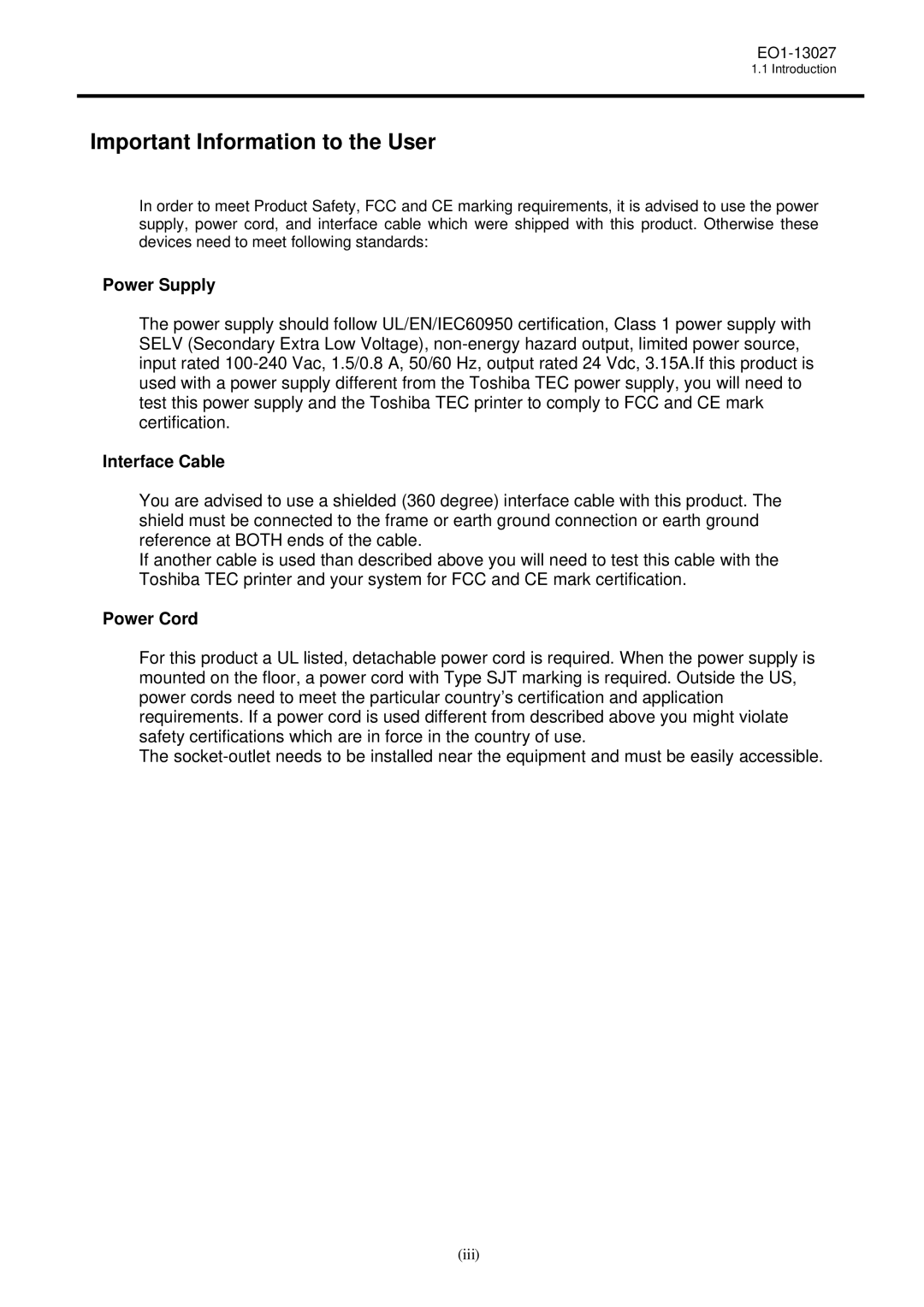 Toshiba TRST-A00, TRSTA00UCQMR owner manual Important Information to the User, Power Supply, Interface Cable, Power Cord 