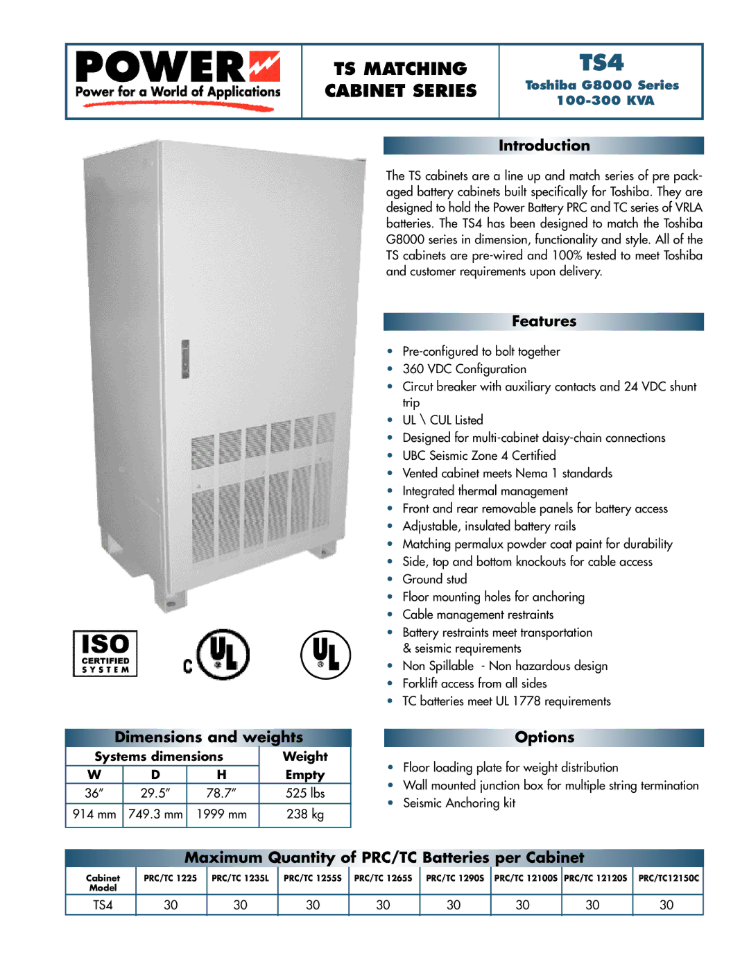 Toshiba TS4 dimensions Introduction, Features, Dimensions and weights Options 