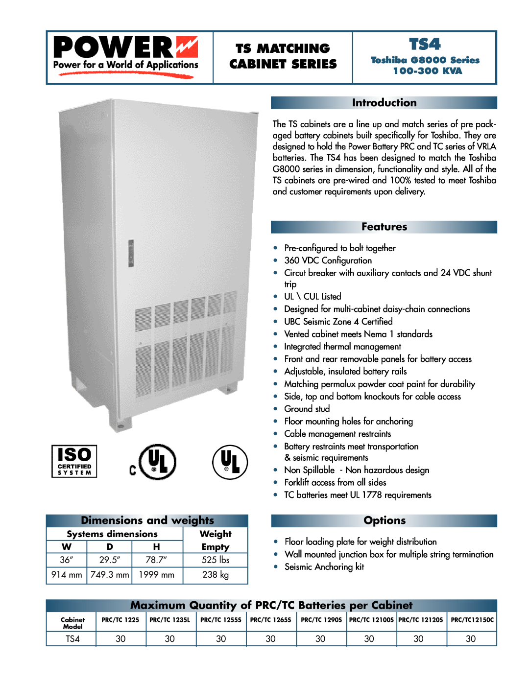 Toshiba TS4 dimensions T S4, Ts Matching, Cabinet Series, Introduction, Features, Dimensions and weights, Options, Weight 