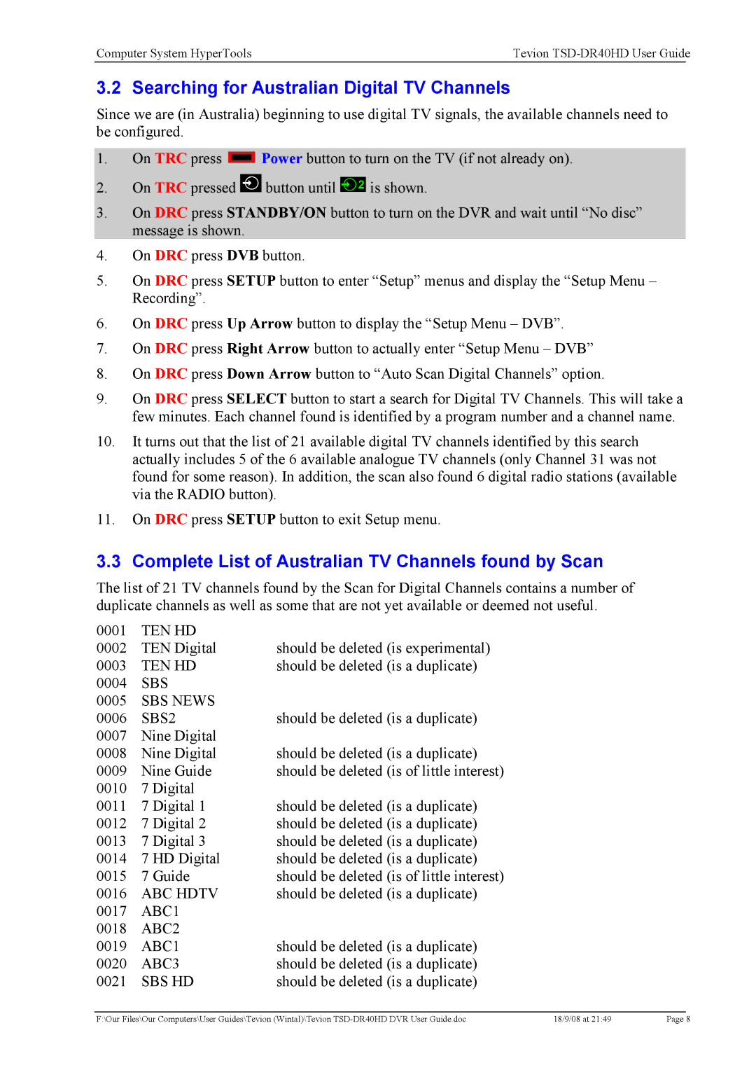 Toshiba TSD-DR40HD Searching for Australian Digital TV Channels, Complete List of Australian TV Channels found by Scan 