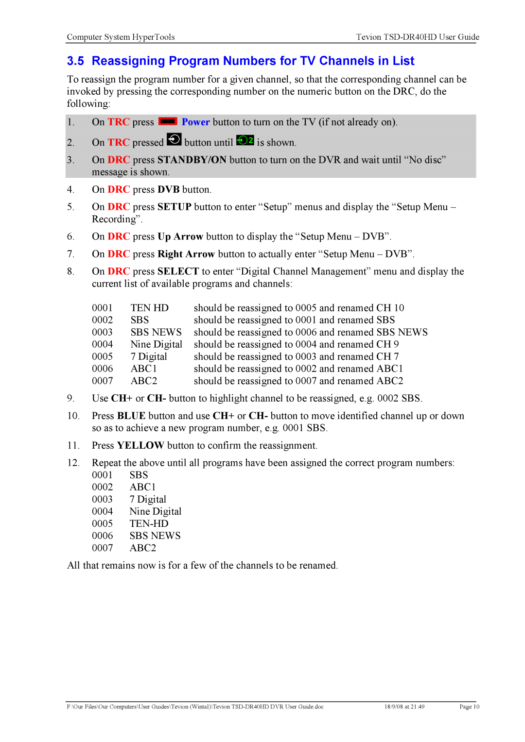 Toshiba TSD-DR40HD manual Reassigning Program Numbers for TV Channels in List 