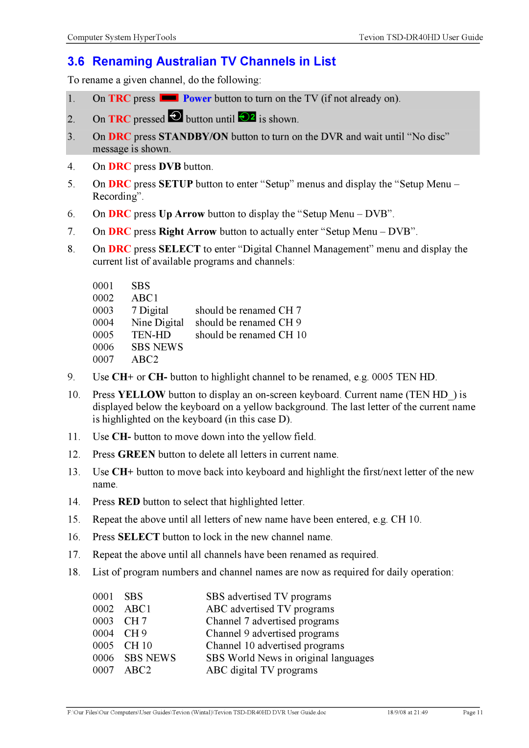 Toshiba TSD-DR40HD manual Renaming Australian TV Channels in List, ABC digital TV programs 