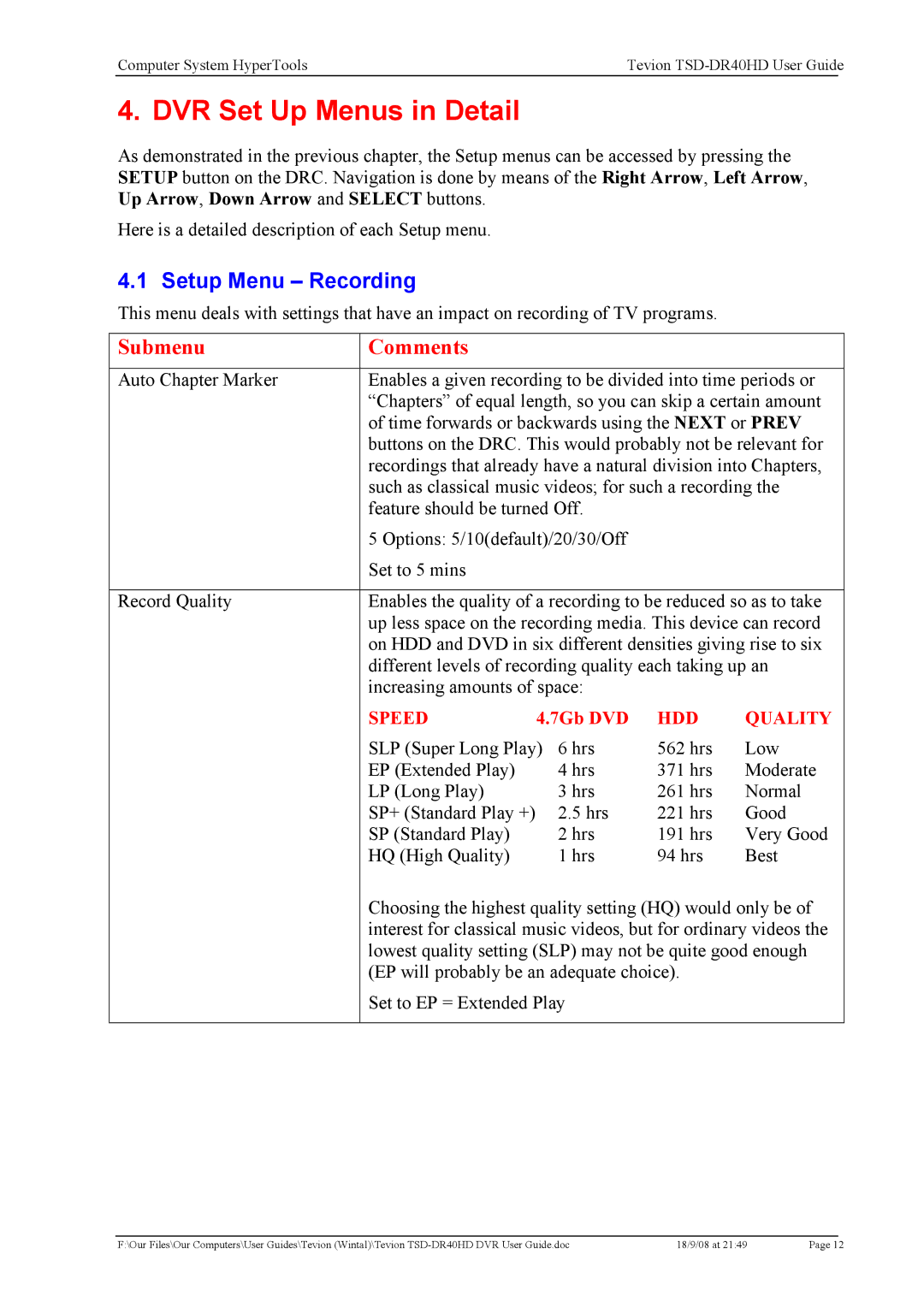 Toshiba TSD-DR40HD manual DVR Set Up Menus in Detail, Setup Menu Recording 