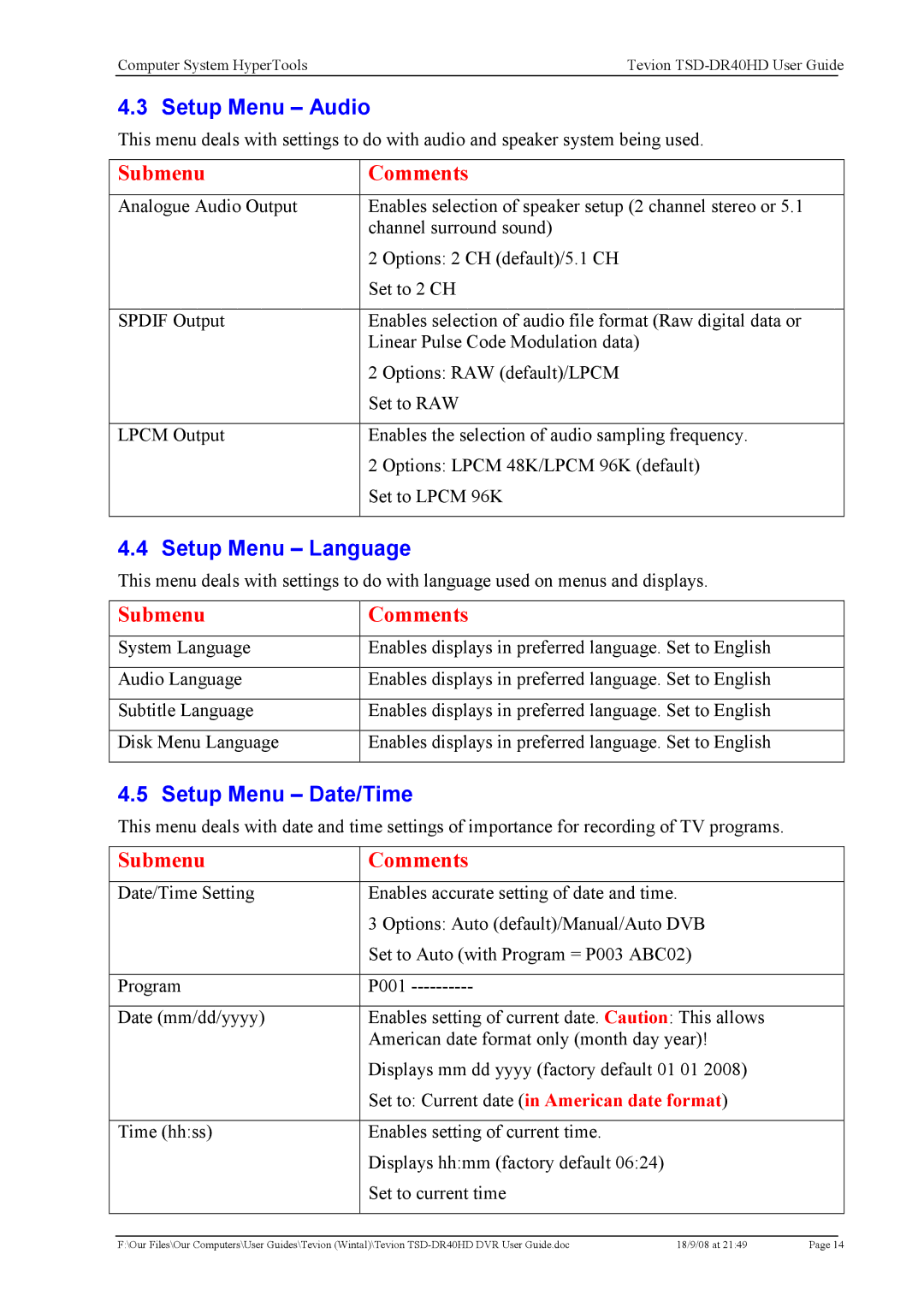 Toshiba TSD-DR40HD manual Setup Menu Audio, Setup Menu Language, Setup Menu Date/Time 