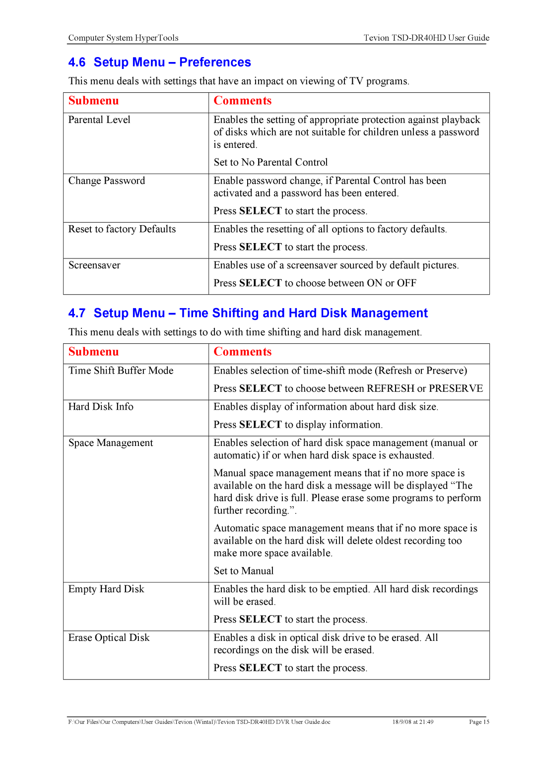 Toshiba TSD-DR40HD manual Setup Menu Preferences, Setup Menu Time Shifting and Hard Disk Management 