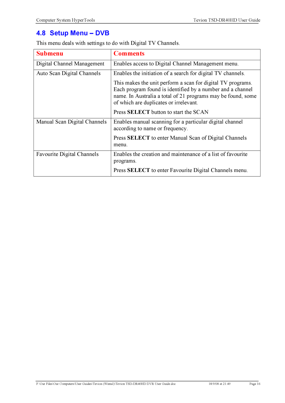 Toshiba TSD-DR40HD manual Setup Menu DVB 