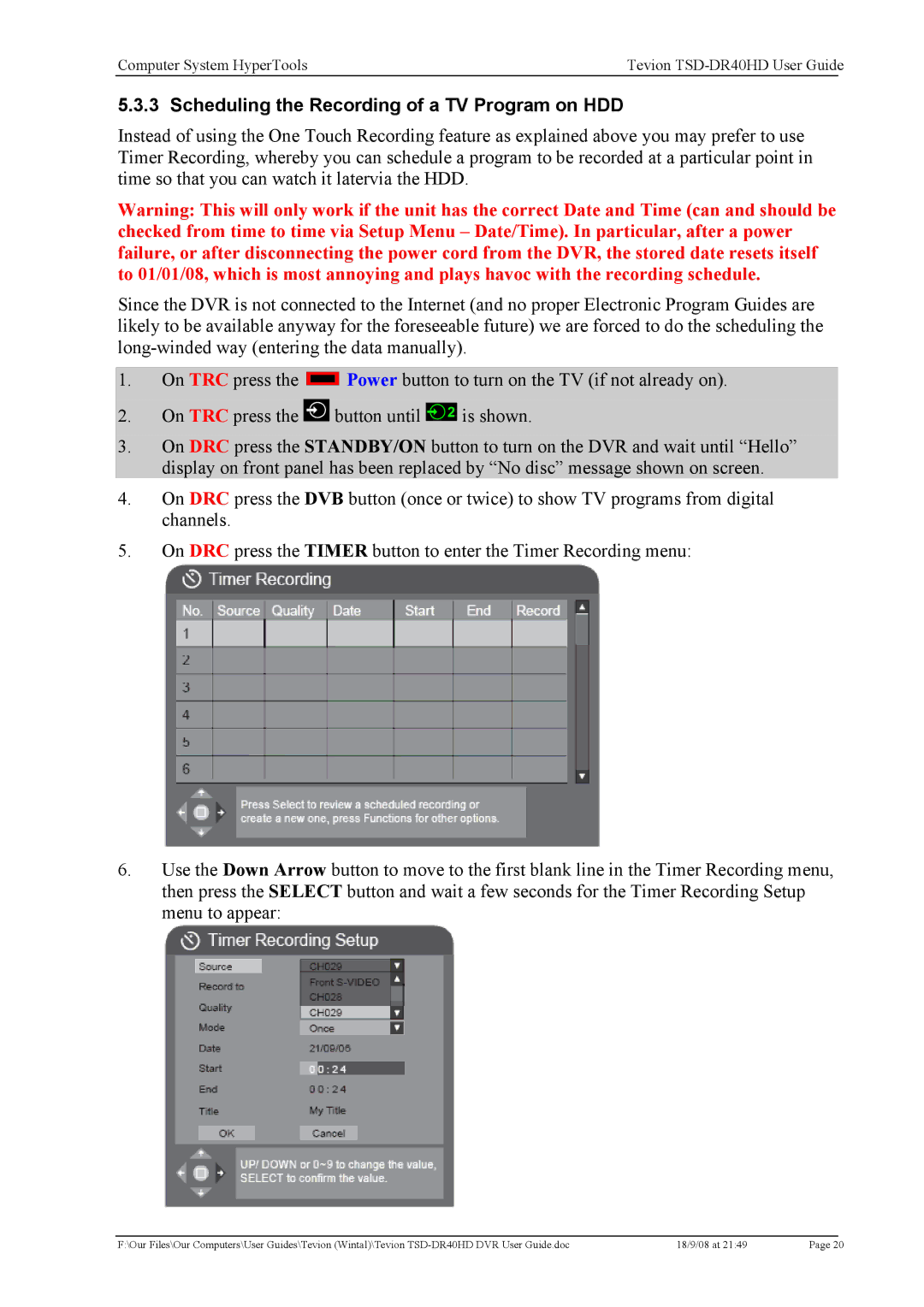 Toshiba TSD-DR40HD manual Scheduling the Recording of a TV Program on HDD 