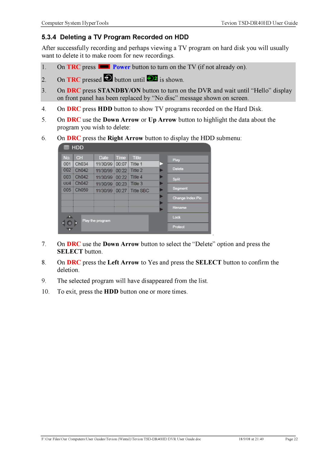 Toshiba TSD-DR40HD manual Deleting a TV Program Recorded on HDD 