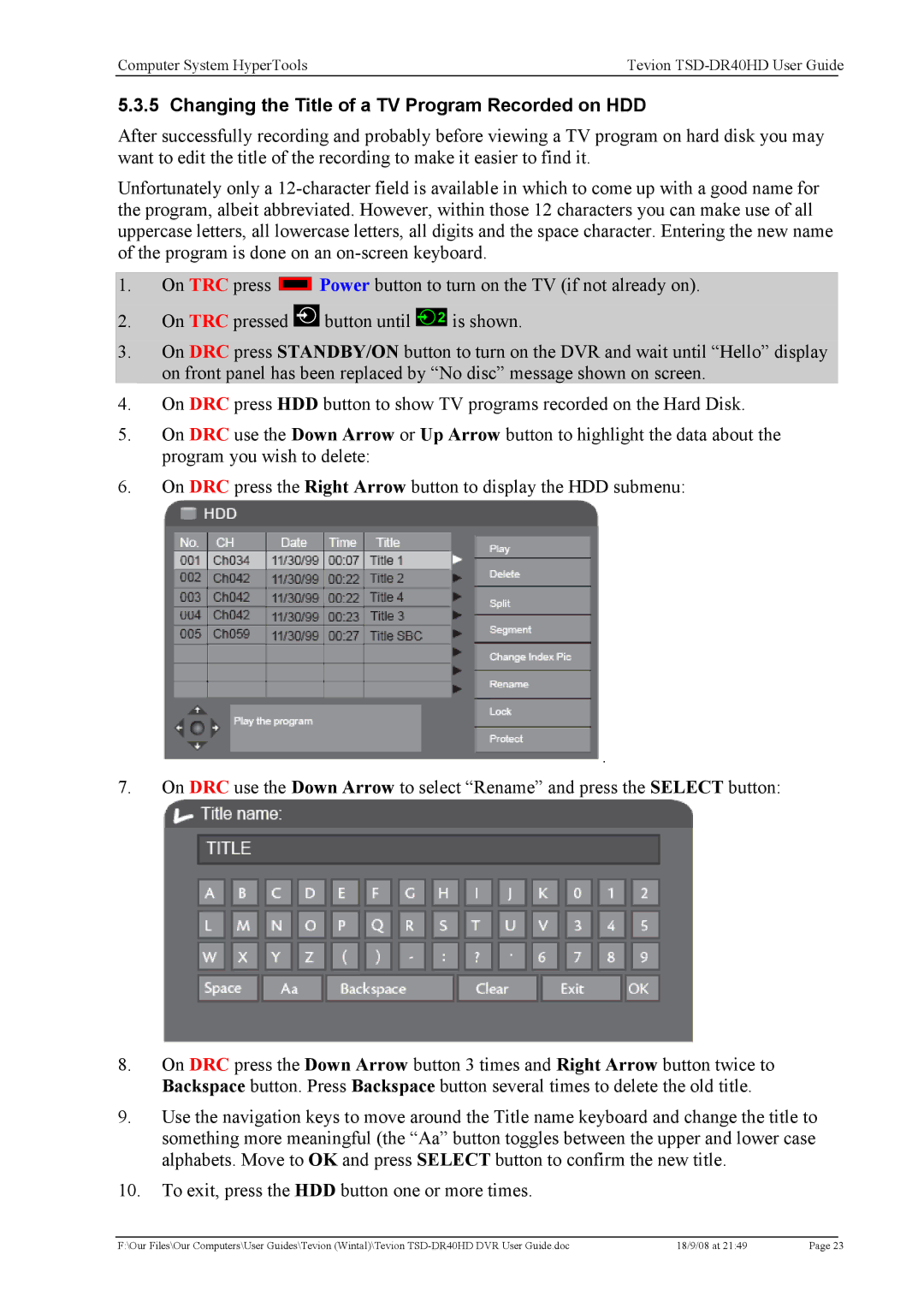 Toshiba TSD-DR40HD manual Changing the Title of a TV Program Recorded on HDD 