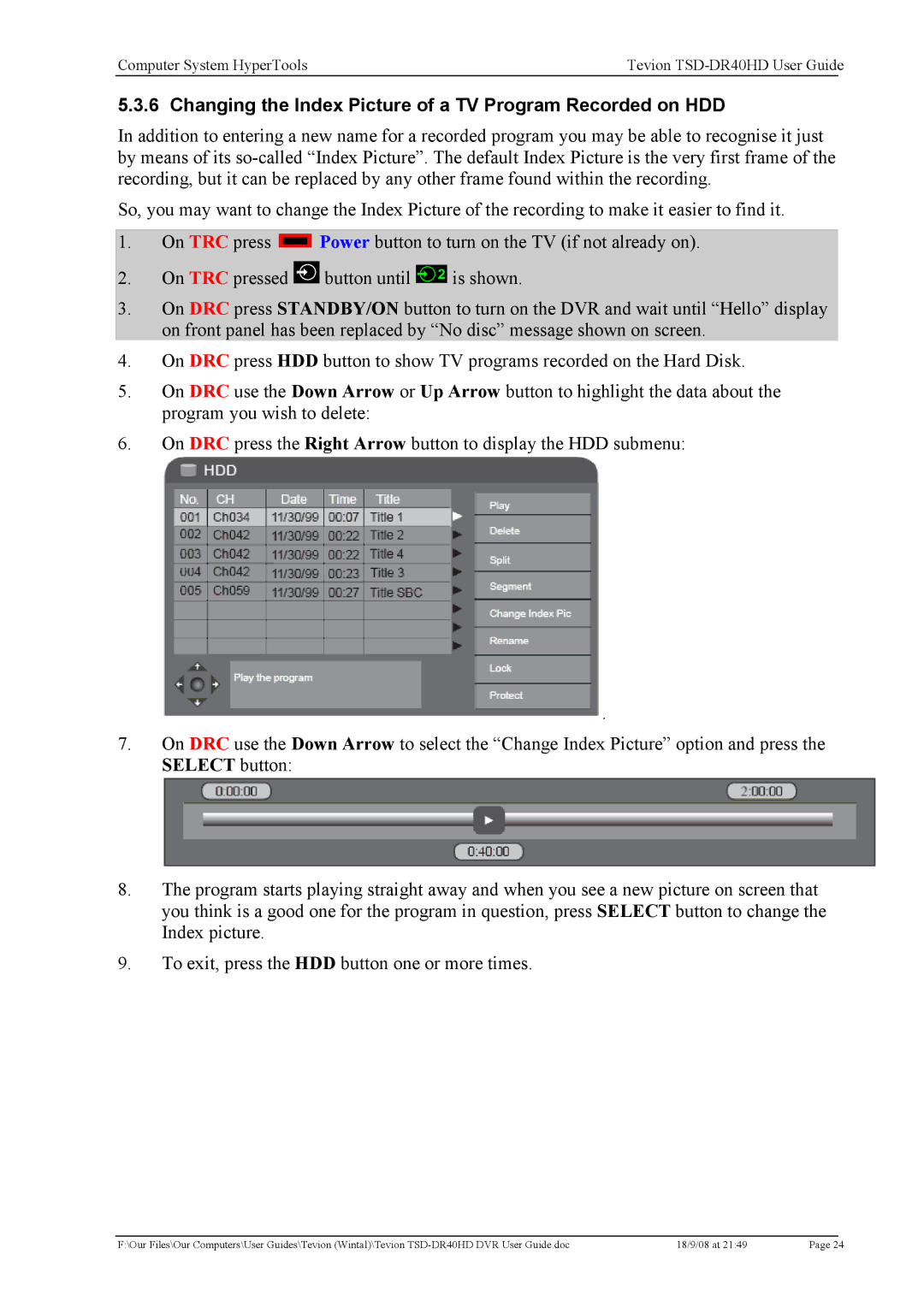 Toshiba TSD-DR40HD manual Changing the Index Picture of a TV Program Recorded on HDD 