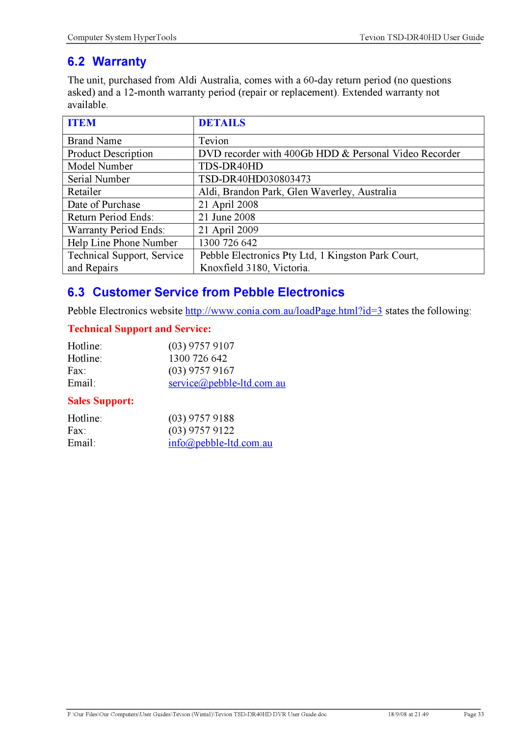 Toshiba TSD-DR40HD manual Warranty, Customer Service from Pebble Electronics 