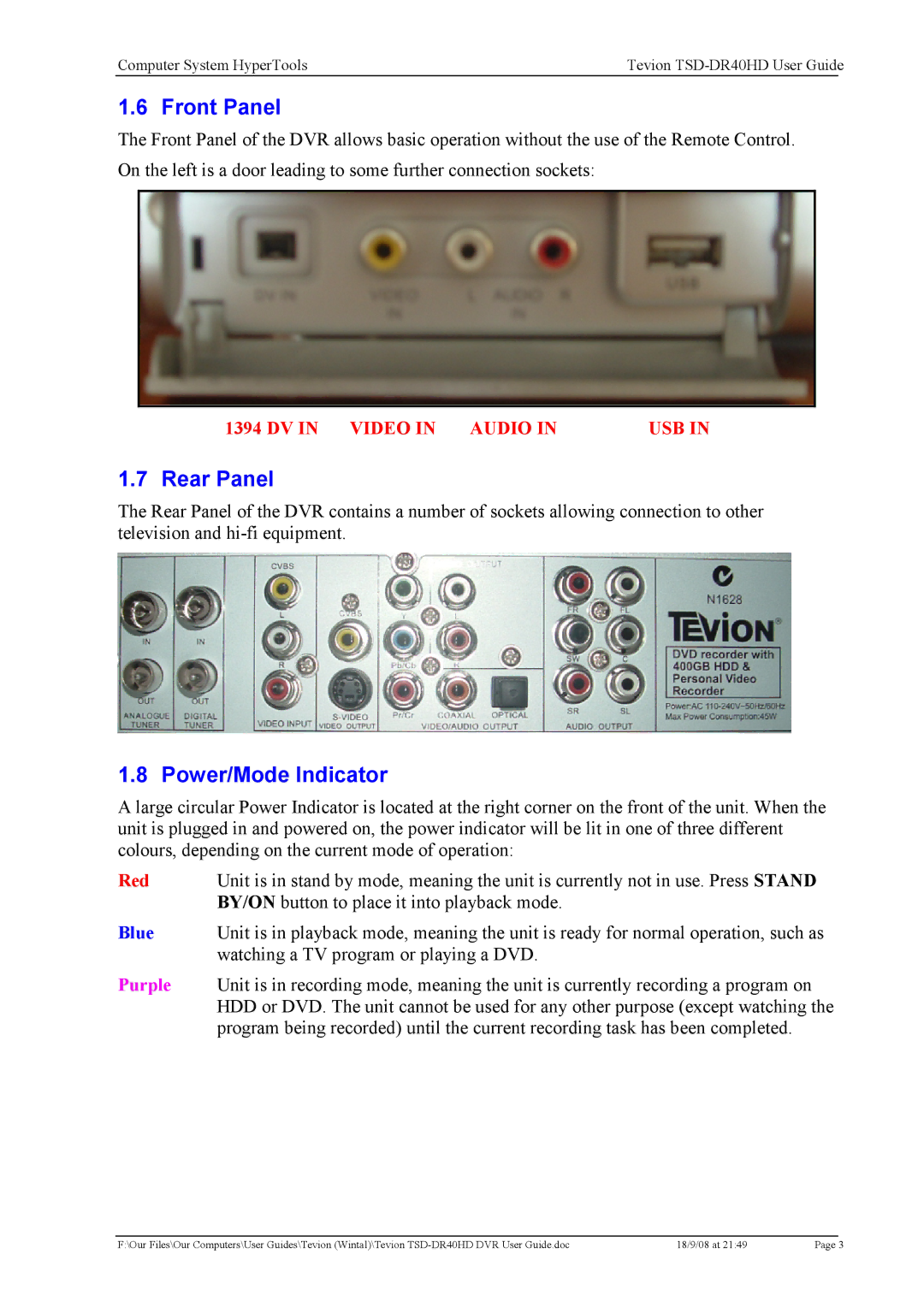 Toshiba TSD-DR40HD manual Front Panel, Rear Panel, Power/Mode Indicator 