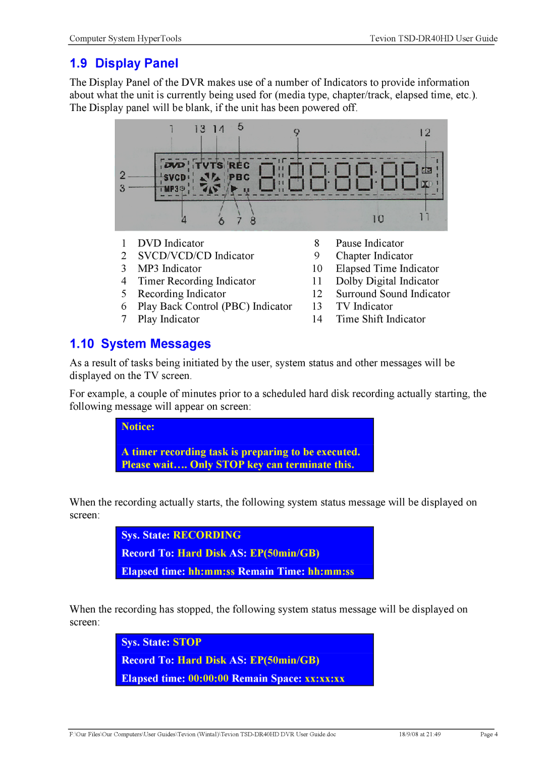 Toshiba TSD-DR40HD manual Display Panel, System Messages 