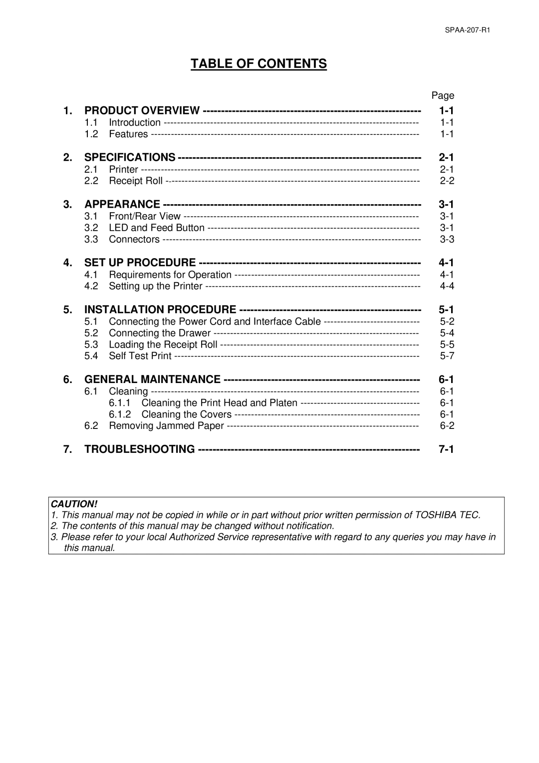 Toshiba SPAA-207-R1, TSMB0039901, TRST-A10 SERIES owner manual Table of Contents 