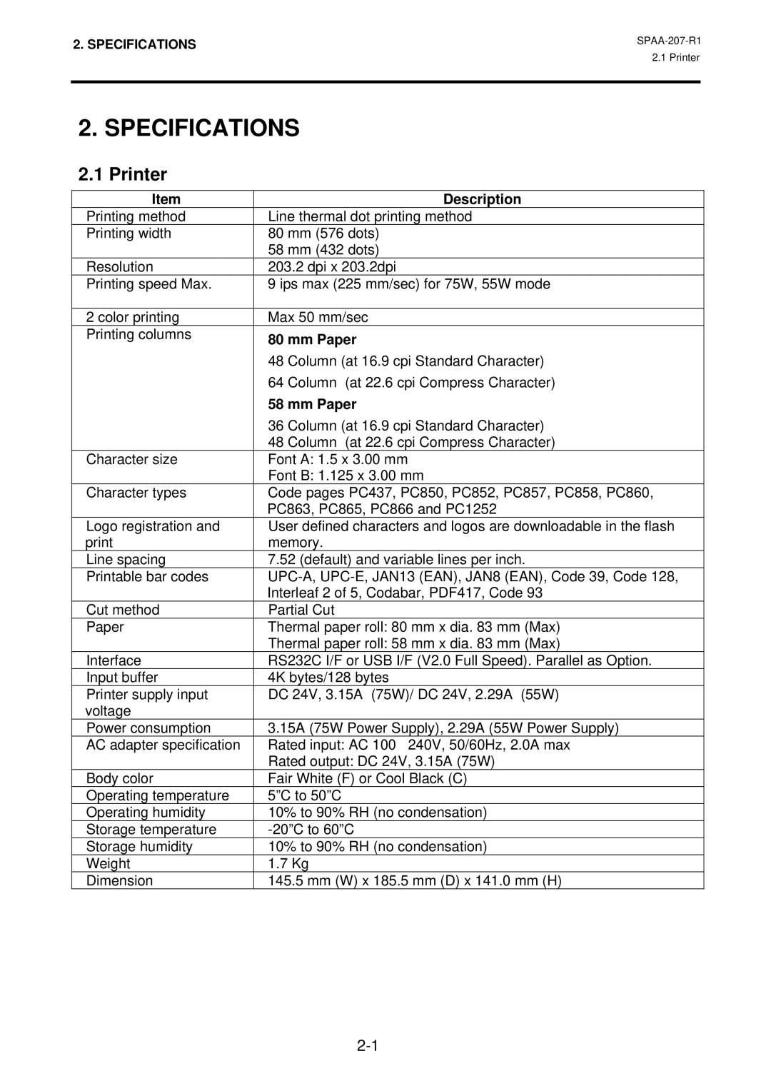 Toshiba TRST-A10 SERIES, TSMB0039901, SPAA-207-R1 owner manual Specifications, Printer, Description, Mm Paper 