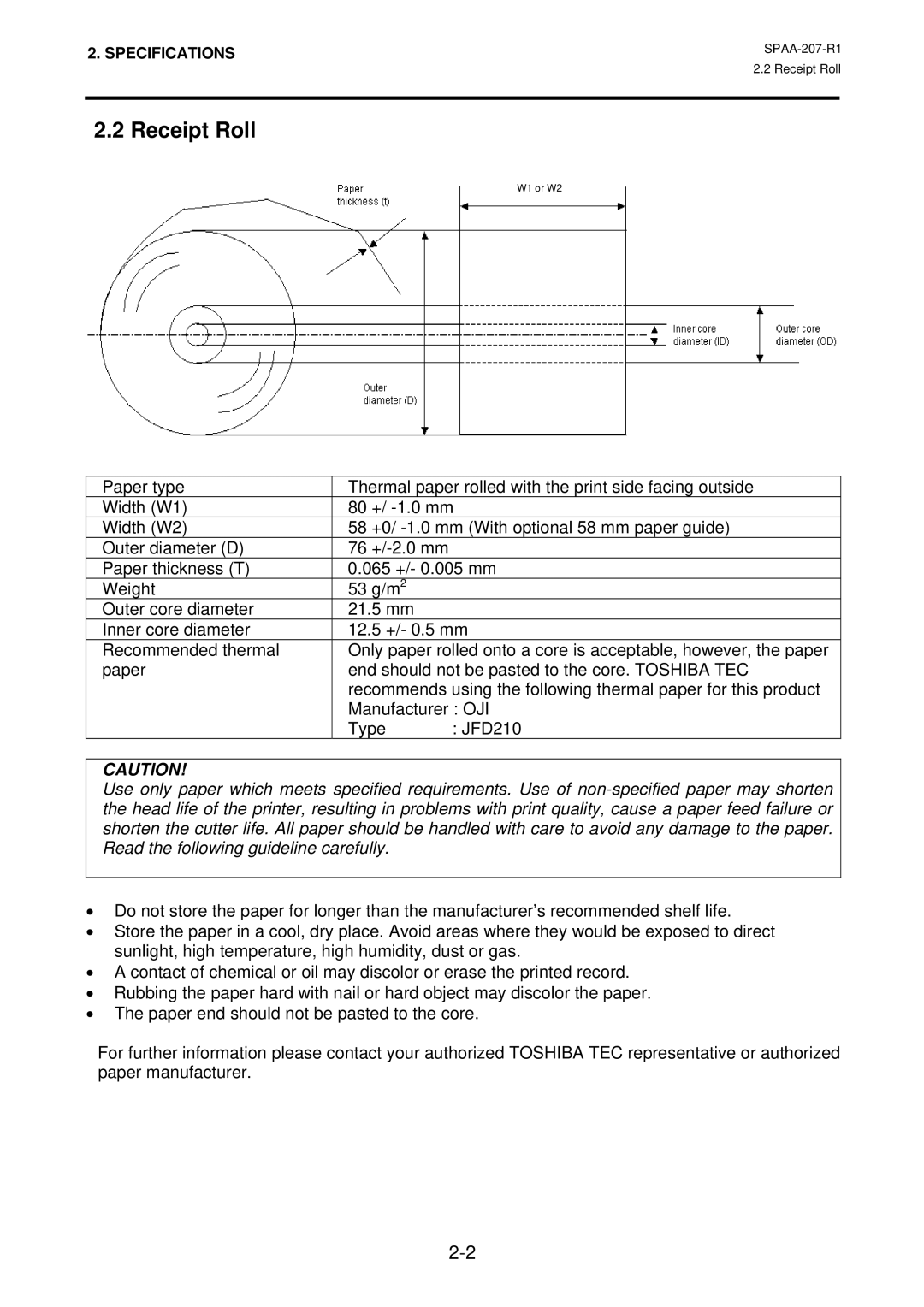 Toshiba SPAA-207-R1, TSMB0039901, TRST-A10 SERIES owner manual Receipt Roll 