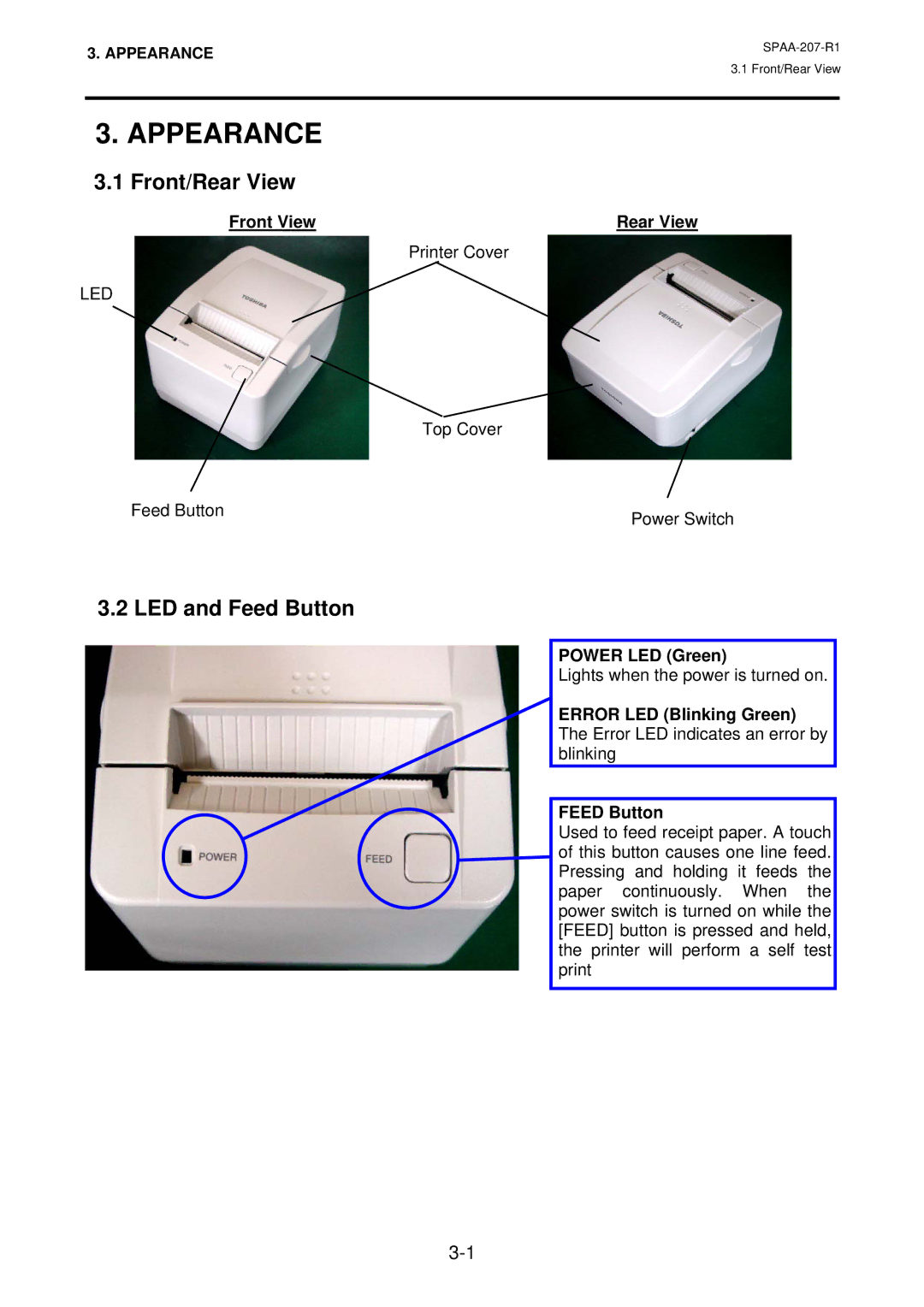 Toshiba TSMB0039901, TRST-A10 SERIES, SPAA-207-R1 owner manual Appearance, Front/Rear View, LED and Feed Button 
