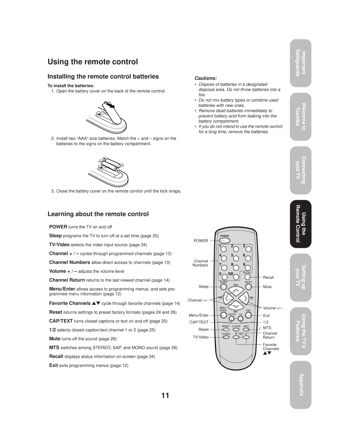 Toshiba TV 27A33 Using the remote control, Installing the remote control batteries, Learning about the remote control 